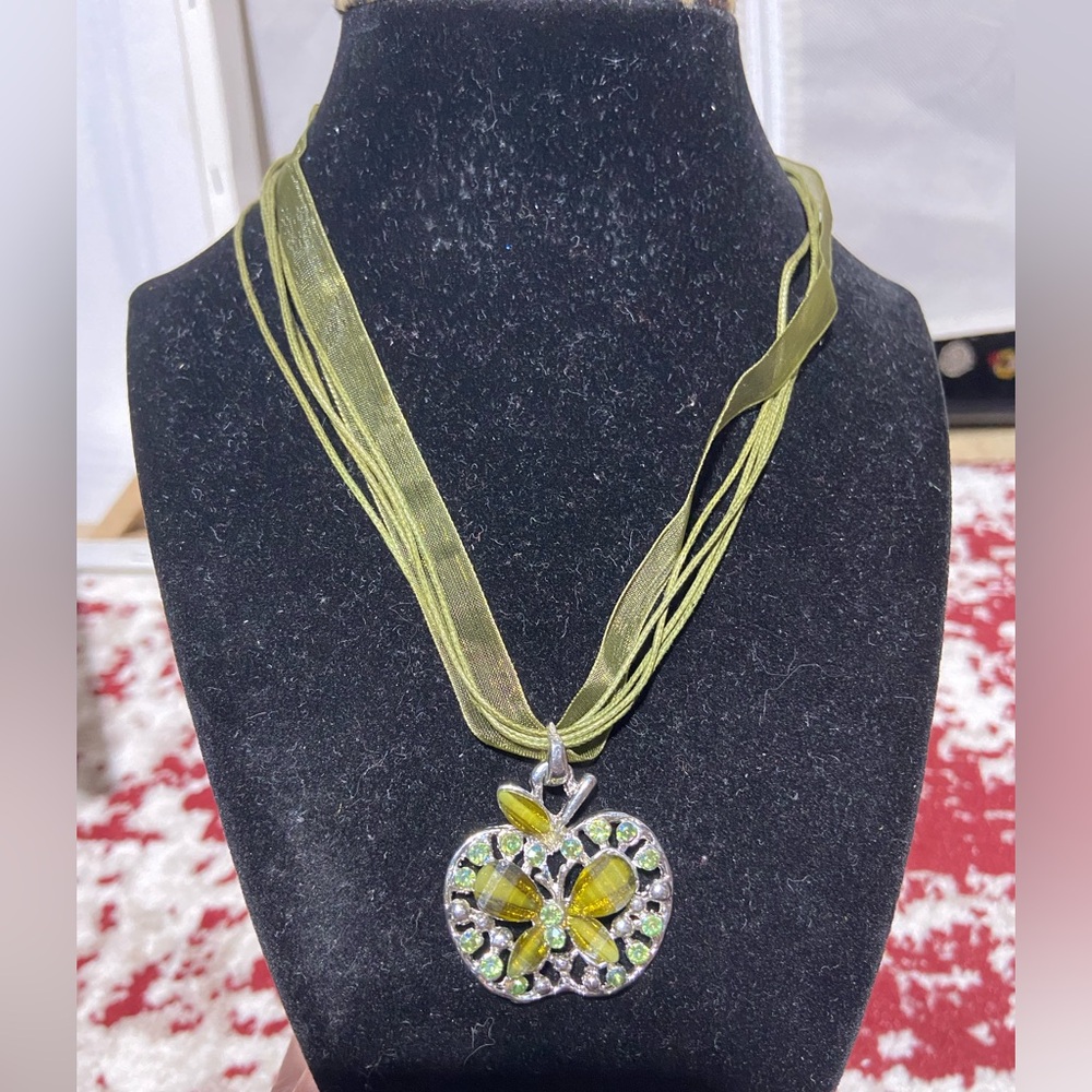 Apple Cutout Pendant Ribbon Necklace Olive Green Cabochon Green Rhinestone